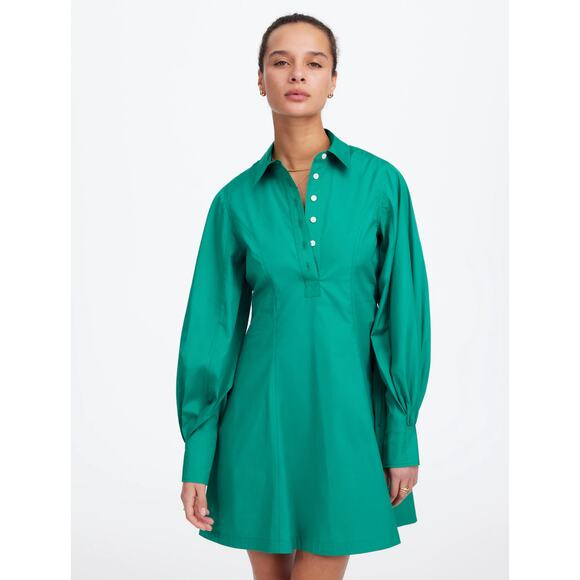 Madewell Seamed Long Sleeve Mini Shirtdress Poplin Cotton Verdant Green US 2 NWT - Picture 2 of 14